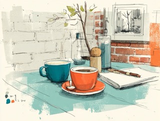 窓辺のノートと二つの対話/Cafe Table Sketch